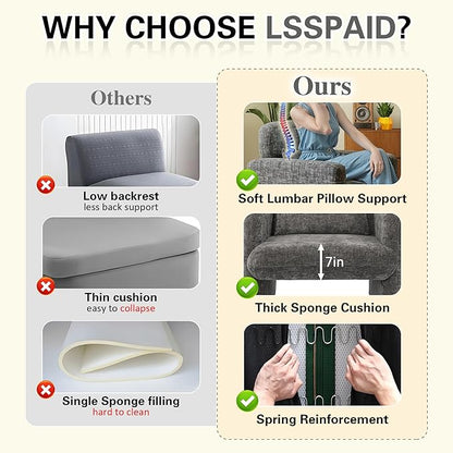 LSSPAID Modern Accent Chairs, Chenille Fabric Armchairs for Living Room, Comfy Upholstered Leisure Single Sofa Chair with Lumbar Pillow for Bedroom, Balcony, Office (Charcoal, Set of 2)