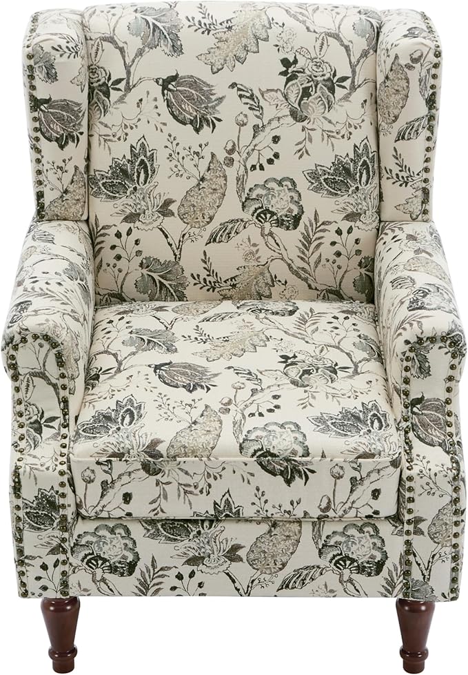 Pia Ricco Set of 2 Floral Accent Chairs, High Back Upholstered Armchairs with Retro Wingback Design, Nailhead Trim & Solid Wood Legs for Living Room Bedroom(Plants Beige)
