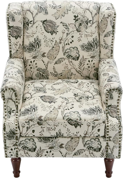 Pia Ricco Set of 2 Floral Accent Chairs, High Back Upholstered Armchairs with Retro Wingback Design, Nailhead Trim & Solid Wood Legs for Living Room Bedroom(Plants Beige)