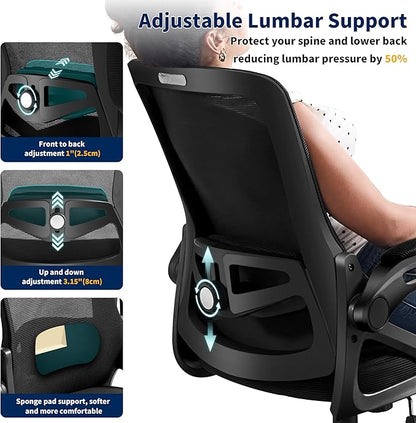Ergonomic Office Chair, Desk Chair with Adjustable Lumbar Support, Breathable Mesh Comfy Computer Chairs with Flip-up Armrests Executive Task Chair for Adults Home Office(Black)