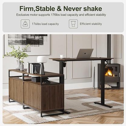 BANTI Executive L Shaped Standing Desk, 66 Inch with 2-Drawer File Cabinet, Electric Height Adjustable Stand up Desk, Home Office Computer Desk with Shelves, Black Walnut Top