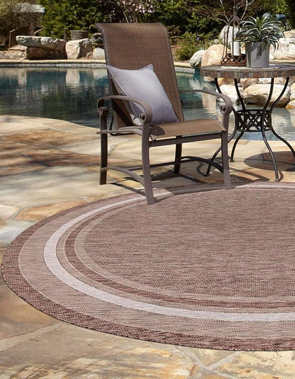 Unique Loom Outdoor Border Collection Area Rug - Soft Border (13' Round, Brown/ Ivory)