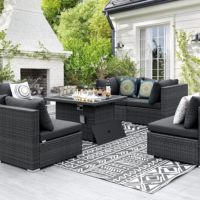 NICESOUL 7 Piece Outdoor Patio Sectional Furniture Set with Fireplace Natural Gas/Propane, 29.3'' High Back Comfortable Wicker Conversations, Large Size Deep Seats Couches for Garden Backyard, Gray