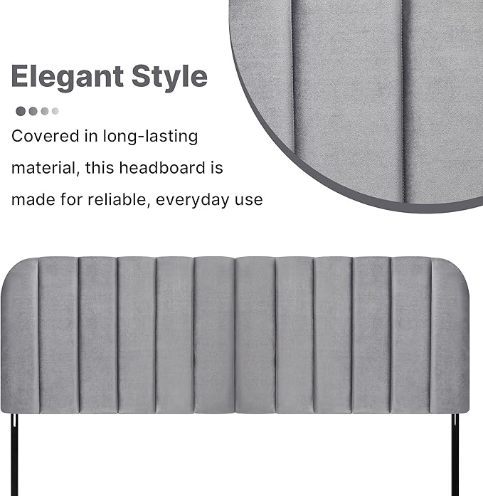 Upholstered Headboard - Striped Interval - Adjustable Height - Metal Legs - Bed Frame (Grey, Queen (U.S. Standard))