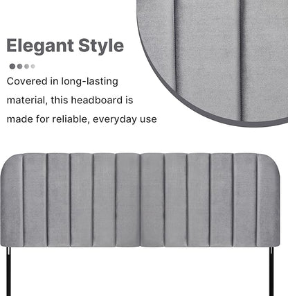 Upholstered Headboard - Striped Interval - Adjustable Height - Metal Legs - Bed Frame (Grey, Queen (U.S. Standard))