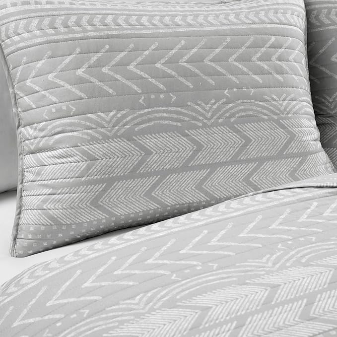 Lush Decor Hygge Geo Pattern Striped 3 Piece Quilt Bedding Set, Full/Queen, Light Gray