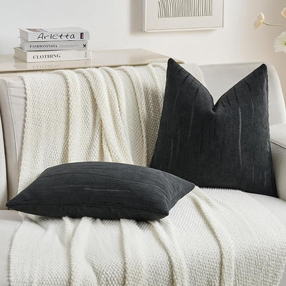 FUTEI Black Chenille Decorative Throw Pillow Covers 18x18 Inch Set of 2,Soft Embossed Striped Textured Cushion Case,Modern Home Decor for Couch Bed Living Room