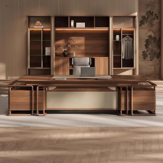Executive Desk, 133.9 inch Executive Wood Desks L Shape Desk with Drawers with Drawers and Lockable Storage No Installation Required Without Display Racks and Bookshelves