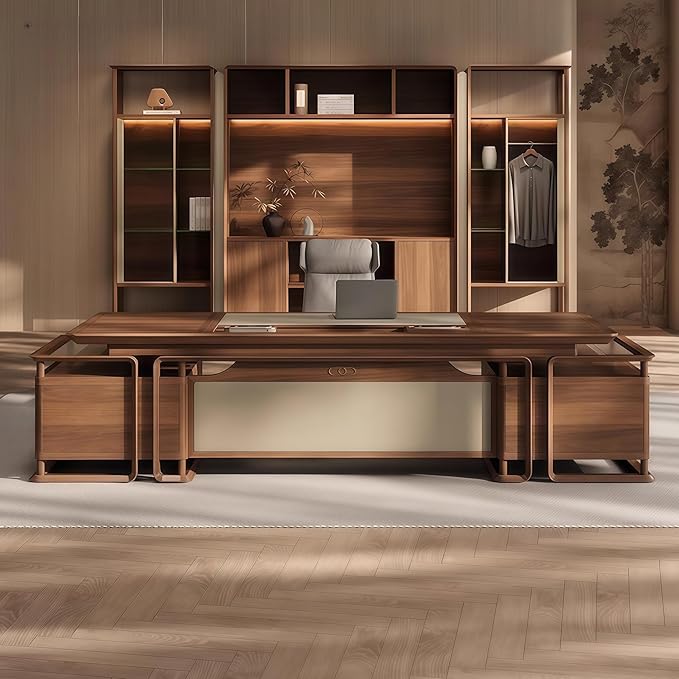 Executive Desk, 118.1 inch Executive Wood Desks L Shape Desk with Drawers with Drawers and Lockable Storage No Installation Required Without Display Racks and Bookshelves
