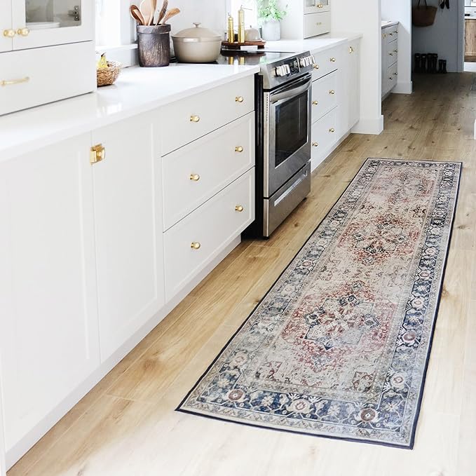 RUGGABLE Washable Vintage Runner Rug – Kamran Royal Blue 2.5x12, Stain-Resistant, Non-Slip Hallway Runner – Machine Washable Rug for Hallway, Entryway, Living Room & Kitchen–with Standard Pad
