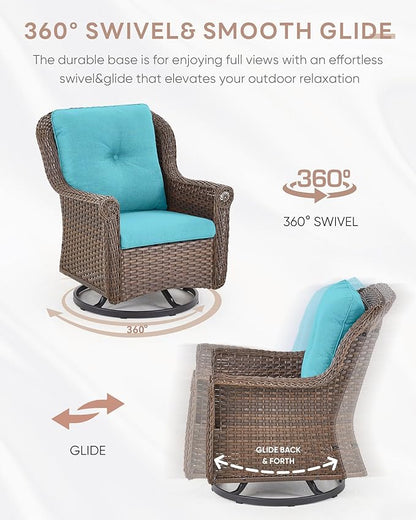 3 Piece Patio Swivel Chairs and Side Table Set - High Back Outdoor Brown Wicker Rattan Rocking Glider with Thick Cushions for Porch Apartment Deck Yard Poolside Garden - Turqoise