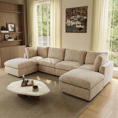 WJShome U Shaped Sectional Couch 134 Inch 4-Seater Modern Modular Sofa with 2 Ottoman,Chenille Deep Seat Couches for Living Room, Bedroom and Apartment，Khaki