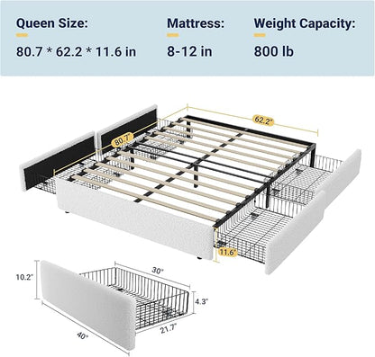 Allewie Queen Size Bed Frame with 4 Oversized Storage Drawers, Soft Teddy Fabric, Boucle Upholstered Platform Bed, Wooden Slats Support, Noise-Free, No Box Spring Needed, Easy Assembly, White