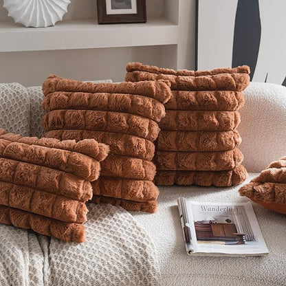 Neelvin Brown Faux Fur Cozy Soft Plaid Decorative Throw Pillow Covers 18x18 inch Set of 2,Velvet Pillowcase Cushion Case for Sofa Couch