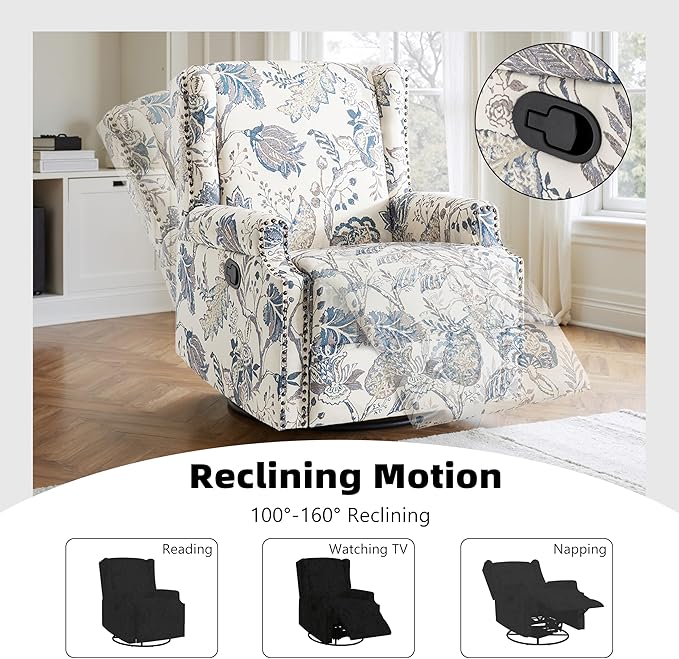 Premium 360° Swivel Recliner Chair with Footrest - Luxurious Cotton Linen & Botanical Design-Bule Plant