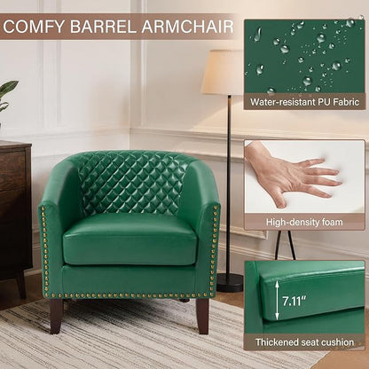 Pia Ricco Faux Leather Barrel Chairs Set of 2, Modern Comfy Accent Chairs, Upholstered Armchair Club Chairs with Nailhead Trim, Single Sofa Barrel Chair for Living Room Reading Room, Green