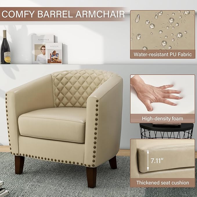 Pia Ricco Faux Leather Barrel Chairs Set of 2, Modern Comfy Accent Chairs, Upholstered Armchair Club Chairs with Nailhead Trim, Single Sofa Barrel Chair for Living Room Reading Room, Beige