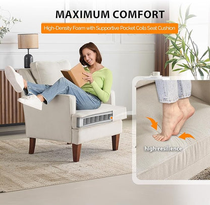VINGLI Mid-Century Modern Accent Chairs Set of 2, Beige Upholstered Armchair Comfy Sofa Chairs Reading Chair High Back for Living Room Bedroom Furniture Apartment