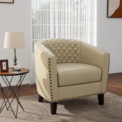 Pia Ricco Faux Leather Barrel Chairs Set of 2, Modern Comfy Accent Chairs, Upholstered Armchair Club Chairs with Nailhead Trim, Single Sofa Barrel Chair for Living Room Reading Room, Beige