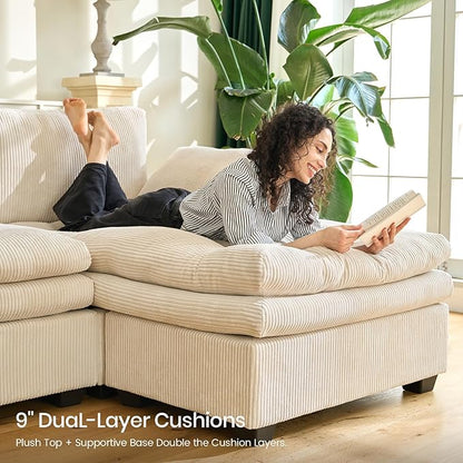 Belffin Large Modular Sectional Sofa with Double Deep Chaise and Loveseat, Corduroy U Shape Couch with 9" Soft Dual-Layer 9 Seats Cushion for Living Room, Apartment, Beige