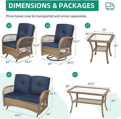 VIVIJASON 7-Piece Outdoor Patio Wicker Conversation Sets, All Weather Outdoor Rattan Furniture Set Includes Glider Loveseat, 2 Glider Rocker Chairs, 2 Swivel-Gliders Chairs, 2 Coffee Table, Navy Blue