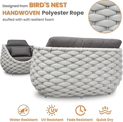Aluminum Patio Furniture Set: 4 Pieces Woven Rope Outdoor Conversation Sofa Set Assembled - Modern Cushioned Armchair Couch Set for 660lbs Porch Deck Backyard Poolside Garden Drawing Room Hotel