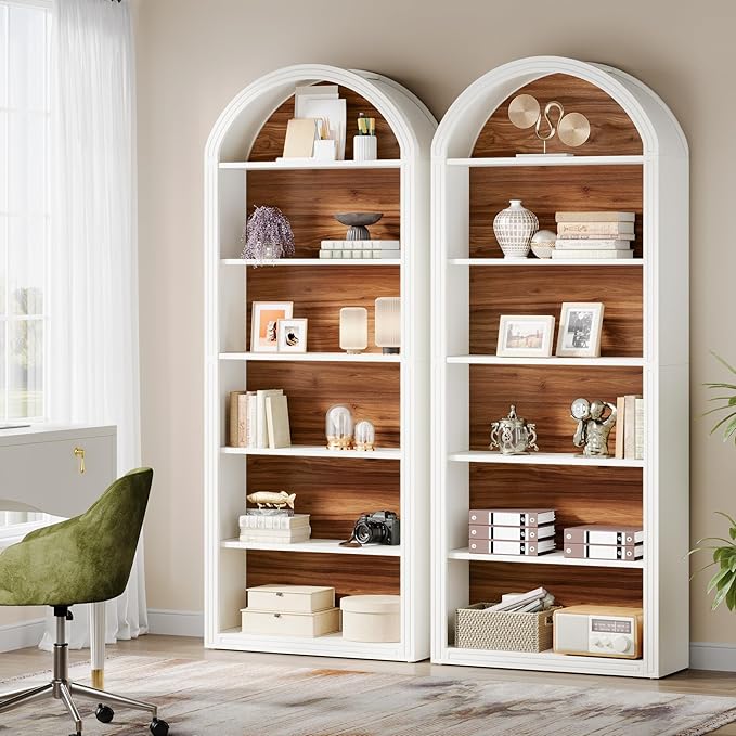 Tribesigns 77.16" Tall Arched Bookshelf, 6-Tier White Arched Bookcase with Storage Shelves for Living Room, Bedroom, Set of 2 (White, 6-Tier)