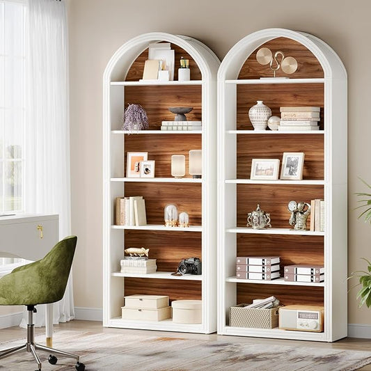 Tribesigns 77.16" Tall Arched Bookshelf, 6-Tier White Arched Bookcase with Storage Shelves for Living Room, Bedroom, Set of 2 (White, 6-Tier)