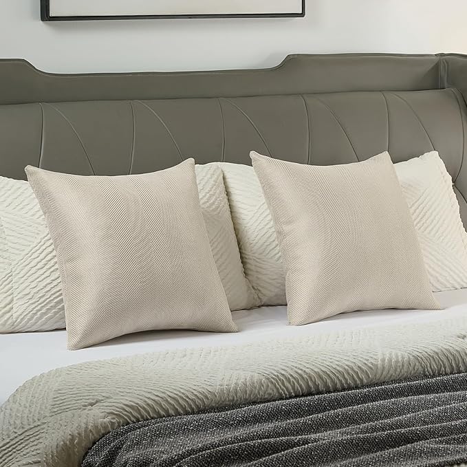 FUTEI Beige Chenille Throw Pillow Covers 16x16 Inch Set of 2,Soft Wide Chevron Textured Cushion Case,Farmhouse Home Decor for Couch Bed Living Room