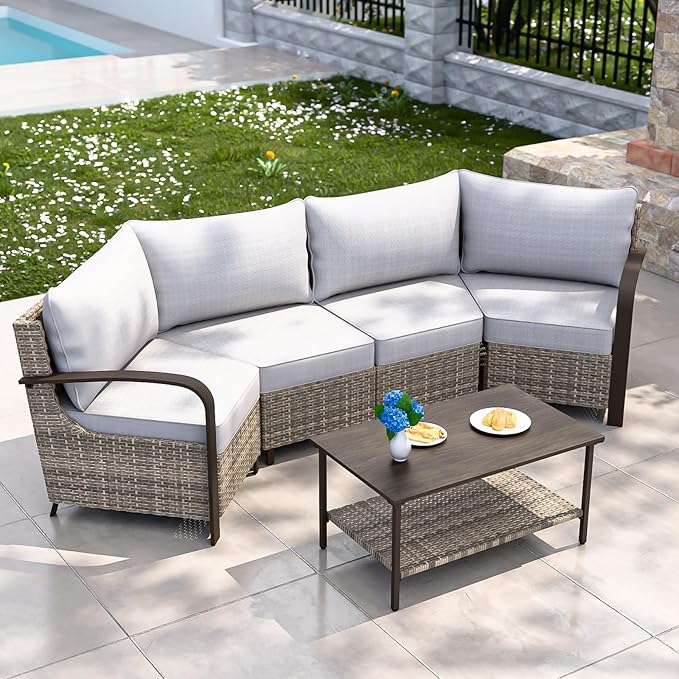 COOS BAY Aurora Terrace Half-Moon Outdoor Furniture Set, Rattan Conversation Set with Curved 4-Seat Sofa, Coffee Table, Seats 4, Beige/Beige