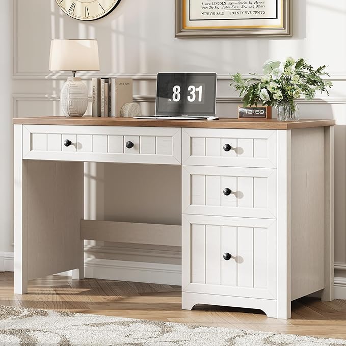 Vabches Farmhouse Executive Desk with Drawers, Home Office Desk with Storage Cabinet and File Drawer, Wood Computer Desk with Storage, Rustic Office Desk for Work Study Writing, Brown White