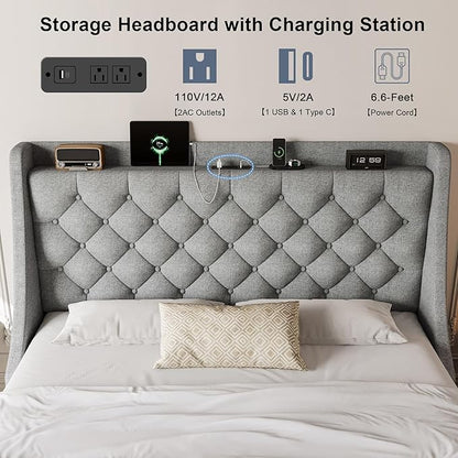 Queen Size Bed Frame with 4 Storage Drawers & Charging Station, Linen Upholstered Platform Bedframe, Button Tufted Wingback Headboard, Sturdy Wooden Slats, No Box Spring Needed, Light Grey