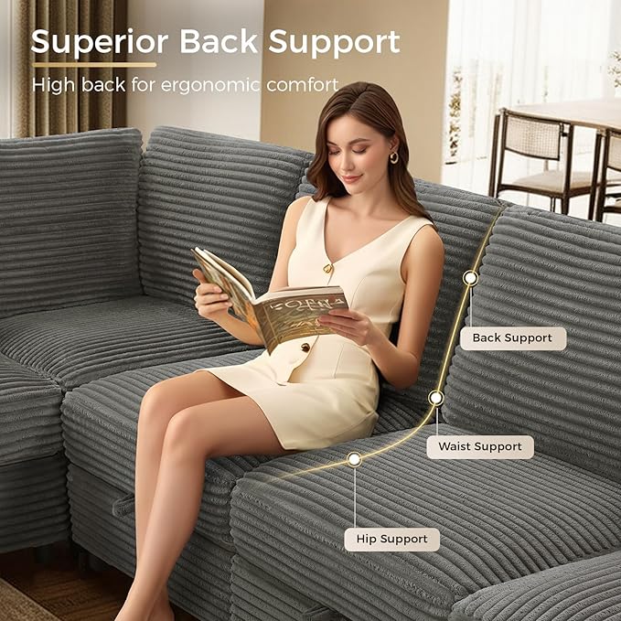 KKL Modular Sectional Sofa V-Shaped 6 Seater Couch with Storage Ottoman, Convertible L/J-Shaped Couch and Sofa Bed Plush Wide-Wale Corduroy for Living Room, Apartment, Modern Design, Gray