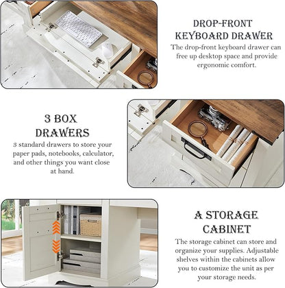 RedLemon 60" Farmhouse Desk with Hutch, Wood Home Office Executive Desk with Drawer, Charging Station, Keyboard Tray, File Drawer, Storage Cabinet, Rustic Writing Computer Desk (Antique White)