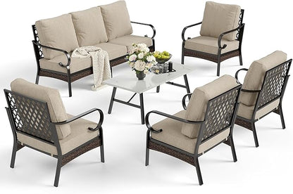 6 Piece Metal Outdoor Patio Furniture Sets, Patio Conversation Sets 1 3-Seater Sofa, 4 Single Sofa with 5.75" Extra Thick Cushion & Coffee Table, Black Frame Backyard Furniture, Beige