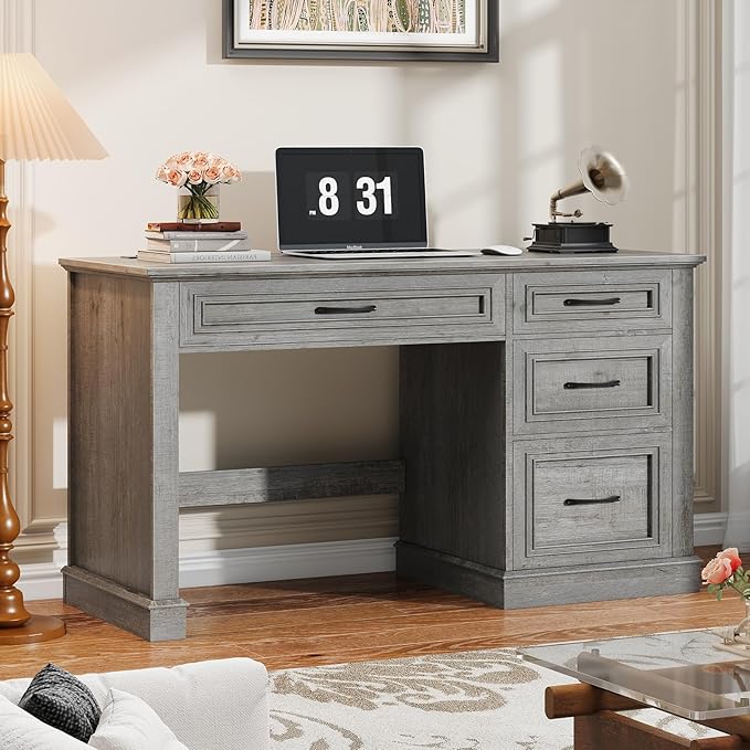 Farmhouse 47" Executive Desk, Computer Desk with Drawers and File Drawer, Workstation Computer Desk with Charging Station for Home Office,Study,（Grey）
