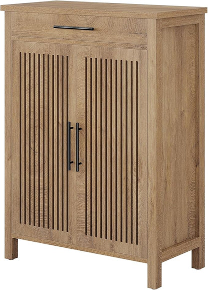 Tribesigns Shoe Cabinet, 5-Tier Shoe Storage Cabinet with Louvered Doors and Drawer, Freestanding Wooden Shoe Rack Organizer with Adjustable Shelves for Entryway, Hallway, Natural