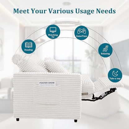 ORRD Power Reclining Sectional Sofa, Electric Loveseat Recliner with 2 Electric Footrest and Adjustable Headrest, Modern Plush Corduroy Fluffy Reclining Sectional with Deep Seat for Living Room-White