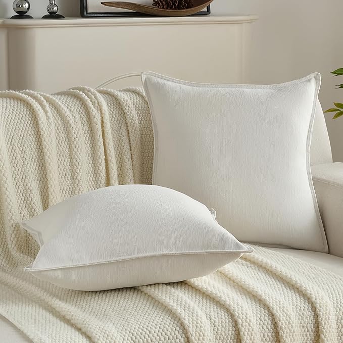 FUTEI Cream White Chenille Throw Pillow Covers 16x16 Inch Set of 2,Edges Double-Stitched Cushion Cases,Modern Home Decor for Couch Living Room