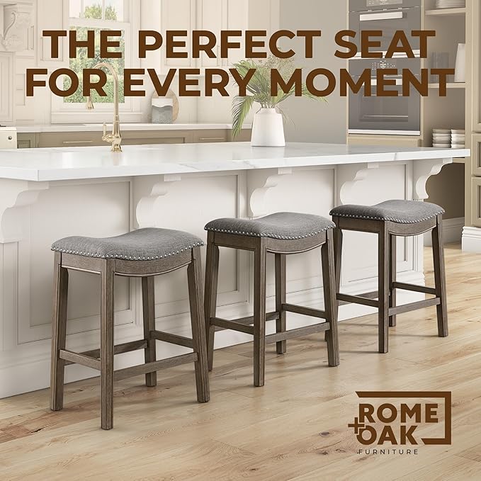 ROME + OAK Set of 4 Parker 26 Inch Counter Stool, Backless Saddle Kitchen Barstool in Walnut Finish with Grey Fabric Upholstery Cushion Seat