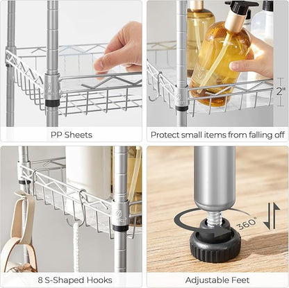 SONGMICS 5-Tier Storage Shelves, Wire Shelving Unit, Kitchen Metal Shelves, Storage Rack with Adjustable Shelves, Shelf Liners, 8 Hooks, for Garage, 11.8 x 15.7 x 47.6 Inches, Silver ULGR115E01