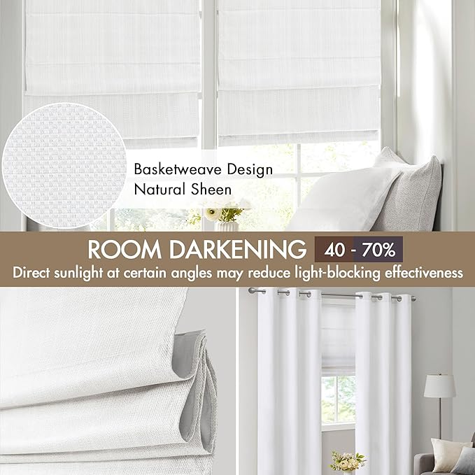 Madison Park Galen Cordless Roman Shade, 35W x 64"H, Sheen White – Room Darkening, Thermal Insulated, Energy Efficient Window Blind with Subtle Sheen Basketweave Fabric for Privacy