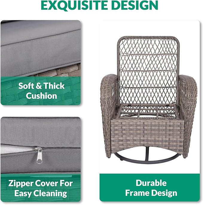 VIVIJASON 3-Piece Outdoor Conversation Bistro Set, Patio Swivel Glider Rocking Chairs Rattan Furniture Sets w/ 2 Rattan Chairs, Glass Top Side Table for Porch Backyard, Gray Wicker & Gray Cushions