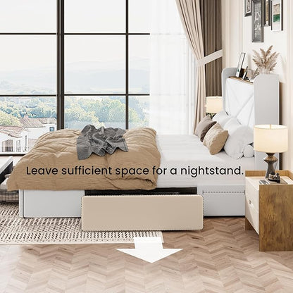SHA CERLIN Queen Bed Frame with 3 Drawers, USB & Type-C Charging Ports, Velvet Upholstered Platform Bed with Modern Geometric Wingback Storage Headboard, No Box Spring Needed, Easy Assembly, White