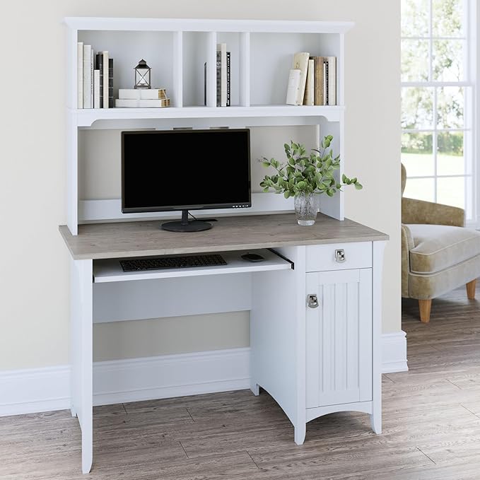 Bush Furniture Salinas Computer Desk with Hutch | Study Table with Drawers, Cabinets & Pullout Keyboard/Laptop Tray | Modern Home Office Desk in Pure White and Shiplap Gray | Work Desk with Storage