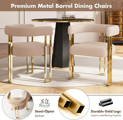 Velvet Dining Chairs Set of 2, Khaki Upholstered Barrel Armchairs with Gold Metal Legs for Kitchen Island, Mid Century Modern Accent Side Chairs for Dining Room and Living Room, Open-Back