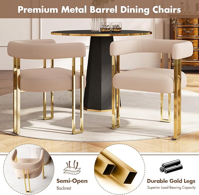 Velvet Dining Chairs Set of 6, Khaki Upholstered Barrel Armchairs with Gold Metal Legs for Kitchen Island, Mid Century Modern Accent Side Chairs for Dining Room and Living Room, Open-Back