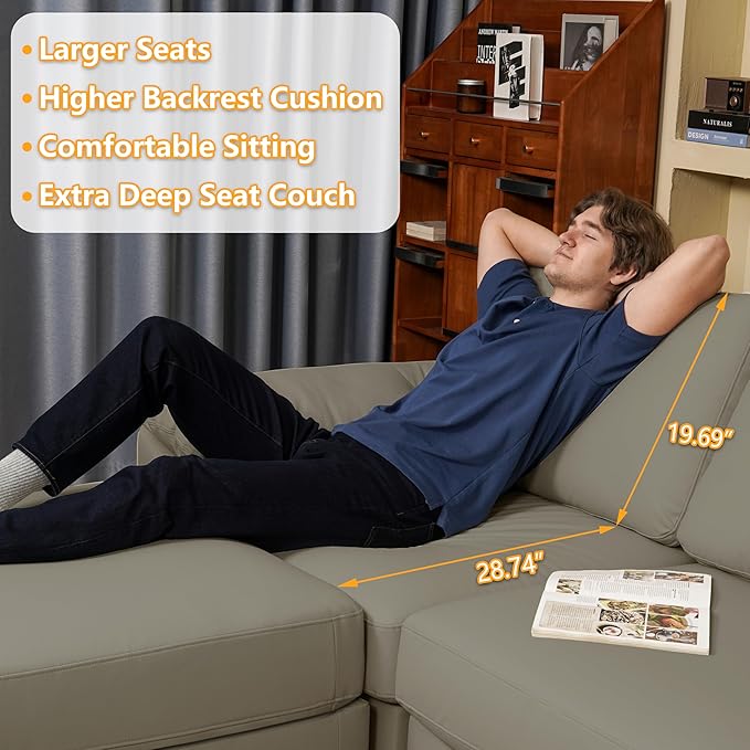 EASE MOOSE Leather Sectional Couch, Oversized Modular Sectional Sofas, Wide Deep Seat Modular Couch, Scratch Resistant Faux Leather Material, L Shaped Sofa for Big Spaces,Light Grey