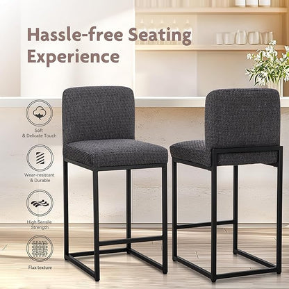 ALPHA HOME 24" Bar Stools Set of 4 Kitchen Counter Stools with Back, Counter Height Stools with Upholstered Footrest for Kitchen Island, Metal Steel Frame, Chenille, Darkgray