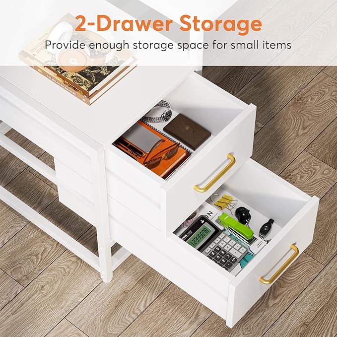 Tribesigns 55 Inch Computer Desk with 2 Drawers and Storage Shelves, Rustic Office Desk with Hutch, Study Writing Gaming Table Laptop Workstation for Home Office (White)
